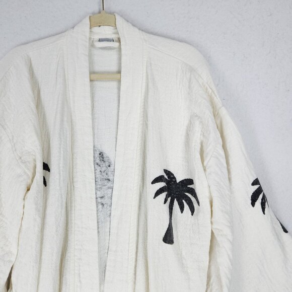 Club Teal Robe Womens One Size Cream Off White Hand Made Palm Tree Resort Kimono - Picture 3 of 11